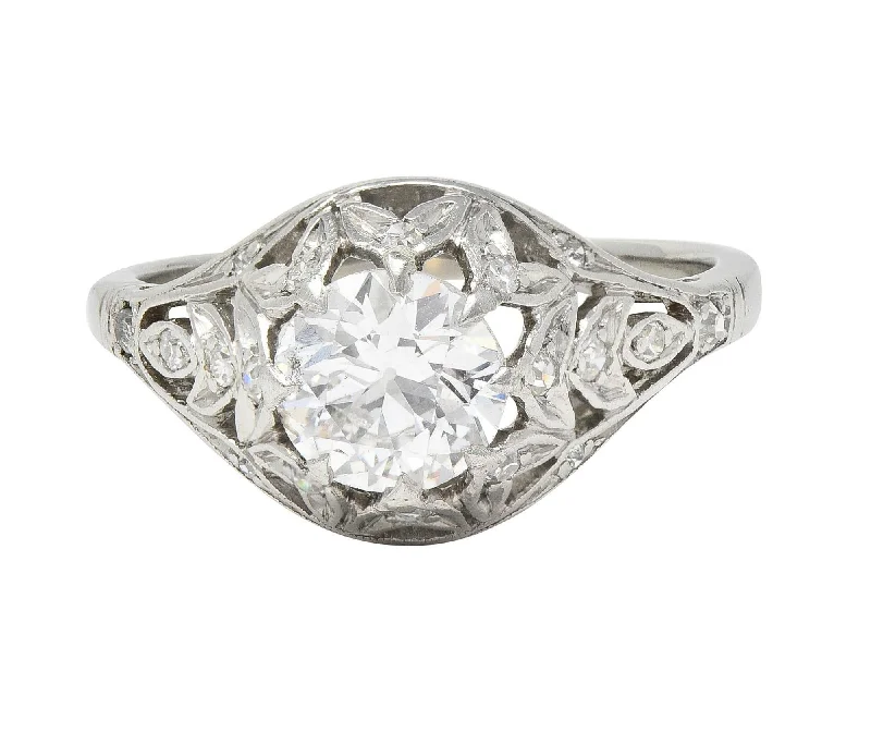 Art Deco 1.39 CTW Diamond Platinum Foliate Vintage Engagement Ring GIA