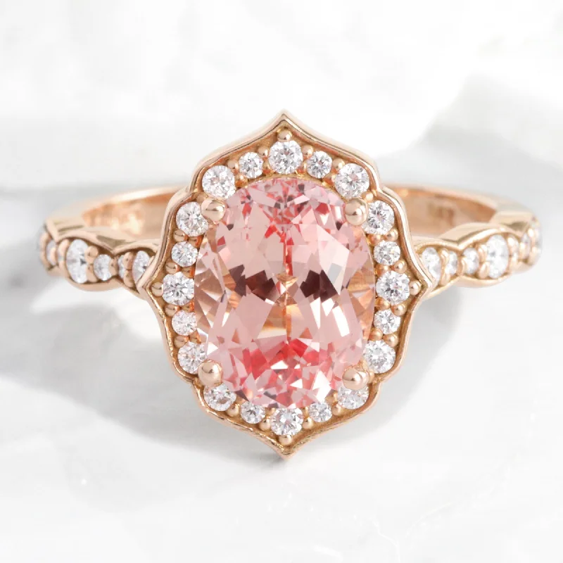 Large Oval Cut Peach Sapphire Ring in Vintage Floral Diamond Band