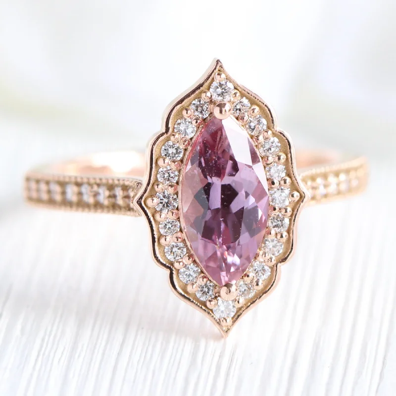 Marquise Purplish Pink Sapphire Ring in 14k Rose Gold Vintage Floral Diamond Ring, Size 6.25