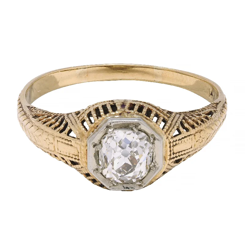 Victorian 0.64 CTW Old Mine Diamond Platinum 18 Karat Yellow Gold Wheat Solitaire Engagement Ring