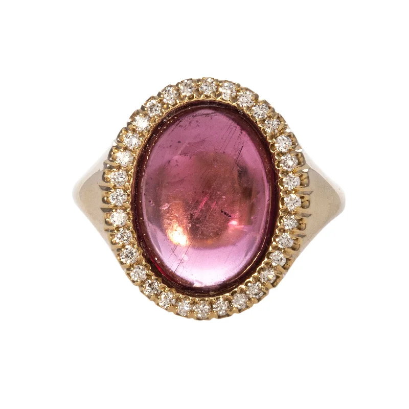 6ct Cabochon Pink Tourmaline & Diamond 14K Yellow Gold Ring