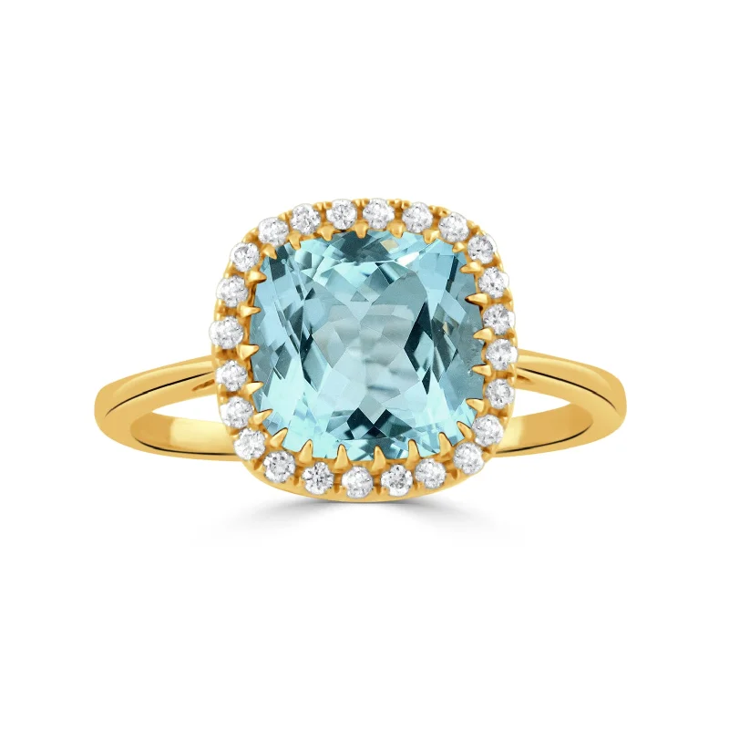 Cushion Blue Topaz & Diamond Halo 18K Yellow Gold Ring