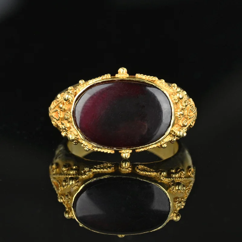 Etruscan 18K Gold East West Carnelian Signet Ring, Hammered Band