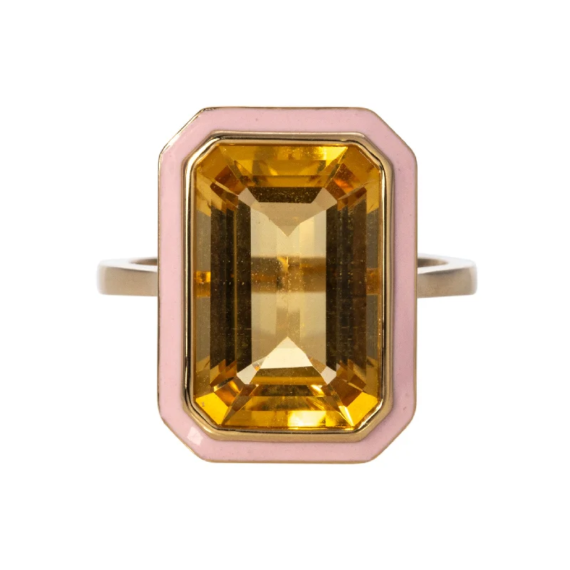 Goshwara Emerald-Cut Citrine & Pink Enamel 18K Gold Ring