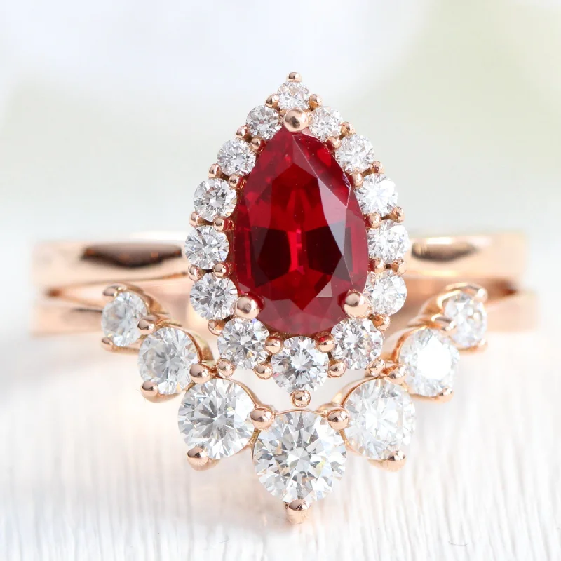 Tiara Halo Pear Ruby Ring Bridal Set w/ Large 7 Diamond U Shaped Wedding Band