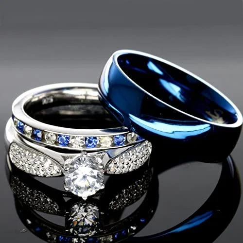 3 PCs Blue Mens Wedding Band Ring | Sterling Silver Engagement Rings | men band ring for Him & Her