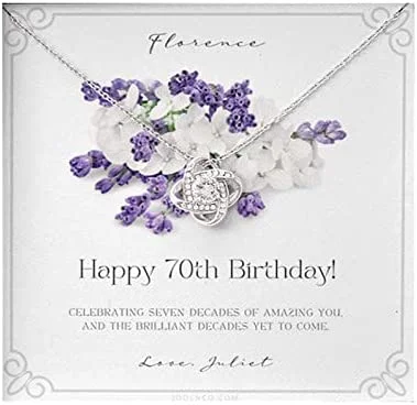 70th Birthday Necklace Purple Flower Frame Happy Message Card With Knot Love Pendant Necklace Box Gift For Mothers