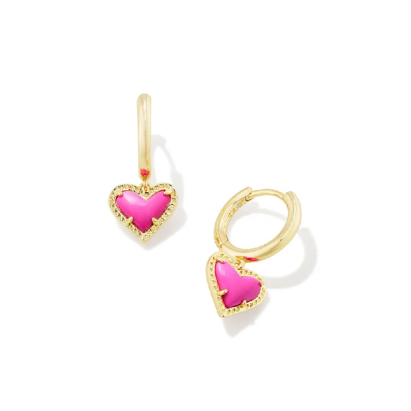 Grab Your Favorite Jewelry At The Lowest Prices Kendra Scott Ari Gold Heart Huggie Earrings in Neon Pink Magnesite