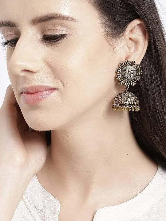 Timeless Jewelry Styles At Wallet-Friendly Prices Rubans Oxidised Silver & Antique Gold-Toned Dome-Shaped Jhumka Earrings