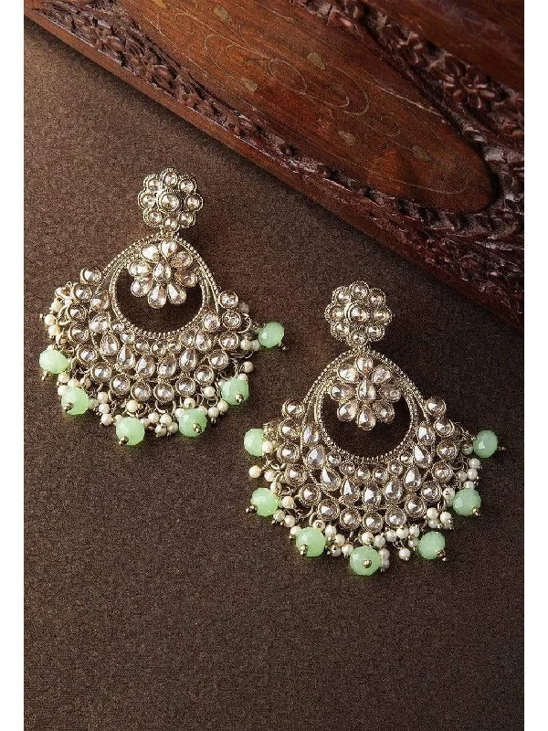 Premium Jewelry Now Available At Special Discounts Rubans Gold Plated Kundan Studded Pastel Green Color Beads Embellished Statement Chandbali Earrings