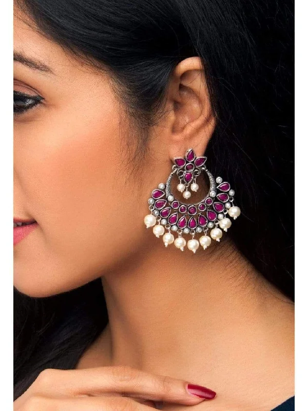 Unmissable Jewelry Sale – Shop Before It's Too Late Rubans Oxidised Silver Toned Faux Ruby Studded Embellished With Pearl Chandbali Earrings