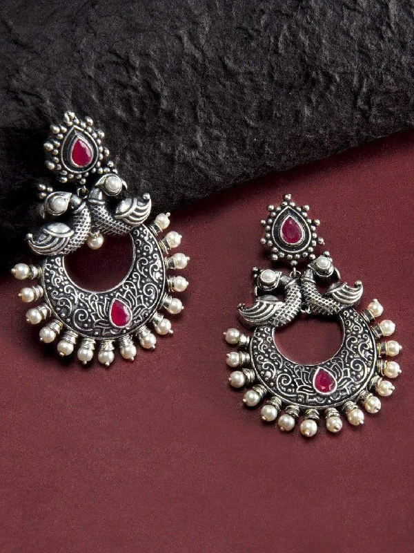 Exclusive Gemstone Jewelry At Special Prices Rubans Silver Toned Faux Ruby Studded Oxidised Peacock Chandbali Earrings