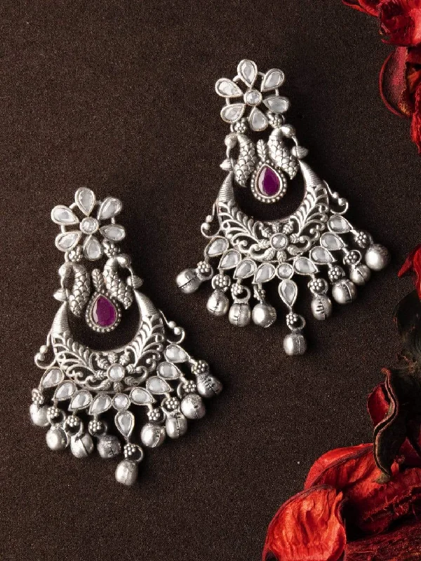 Luxury Handcrafted Jewelry For Elegant Looks Rubans Oxidised Handcrafted Silver Toned Peacock Statement Chandbali Earrings