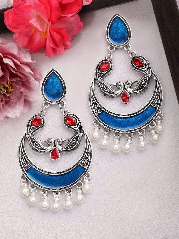 Delicate Crystal Jewelry For Sophisticated Charm Rubans Silver Plated Oxidised Handcrafted Enamel Chandbali Earrings