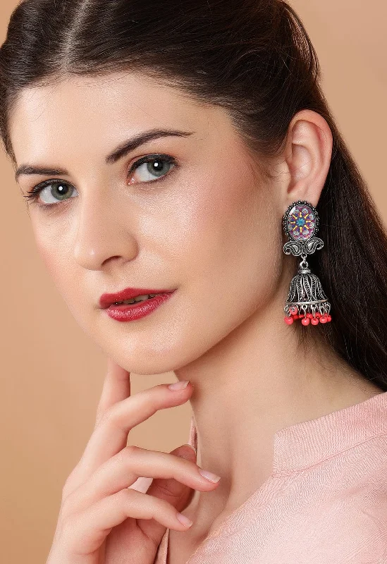 Luxury Jewelry Sale – Sparkle For Less Rubans  Silver Plated Oxidised Handcrafted Enamel Jhumka Earrings