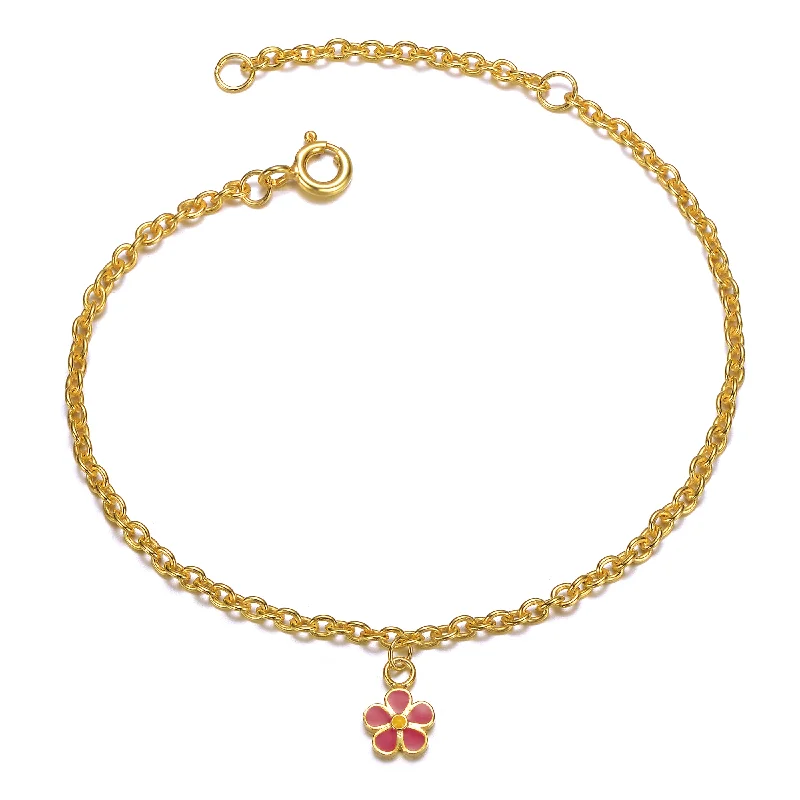 Limited-Time Jewelry Sale – Don't Miss These Deals 14k Gold Plated Fuchsia-Red Daisy Flower Drop Charm Bracelet