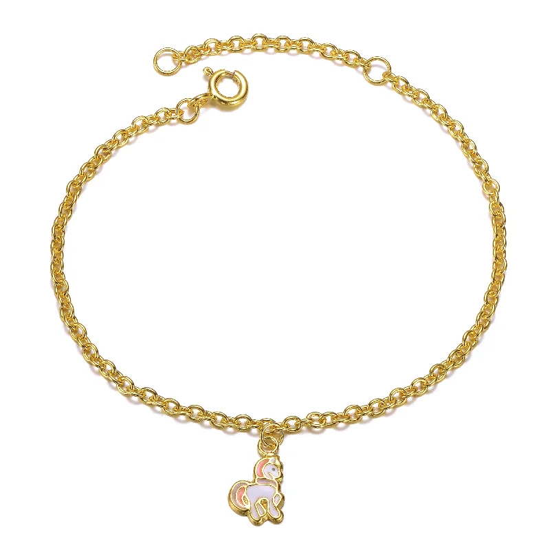 Huge Savings On Timeless Jewelry Collections 14k Gold Plated Pink & White Enamel Unicorn Charm Bracelet