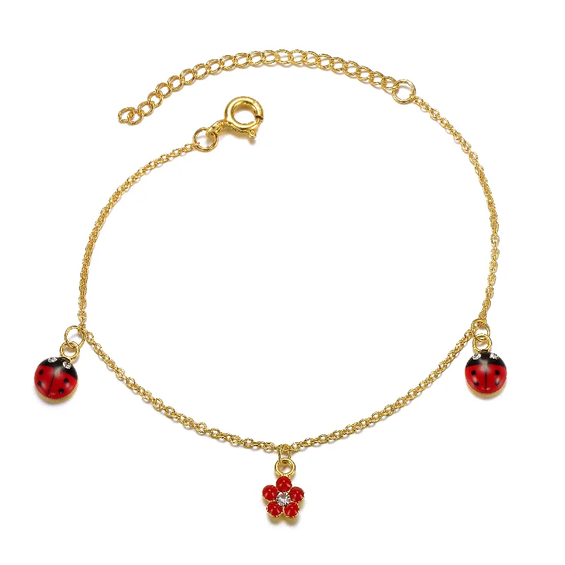 Sparkle More For Less – Jewelry Sale Happening Now 14k Gold Plated Red & Black Enamel Crystal Lady Bug & Flower Triple Charm Bracelet