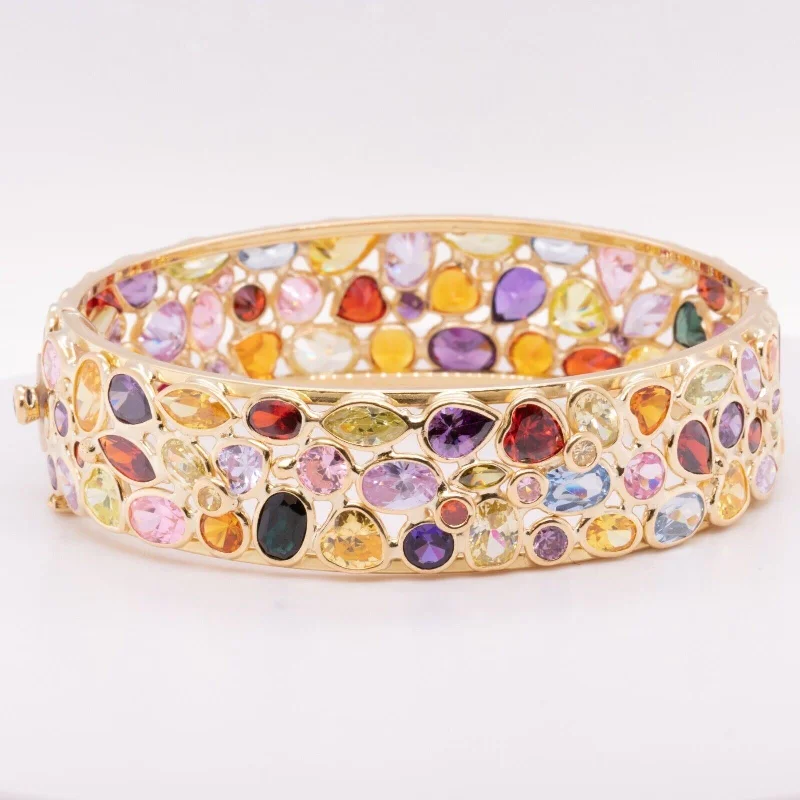 Trending Jewelry Now At Unbeatable Prices 18k Yellow Gold Multi Rainbow Gemstone Hinged Bangle Bracelet 6.75" 45.2g ITALY