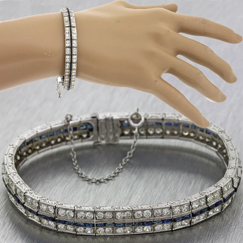 Dainty Floral Jewelry For Feminine Elegance 1930s Antique Art Deco Solid Platinum 5.76ctw Diamond Sapphire Tennis Bracelet