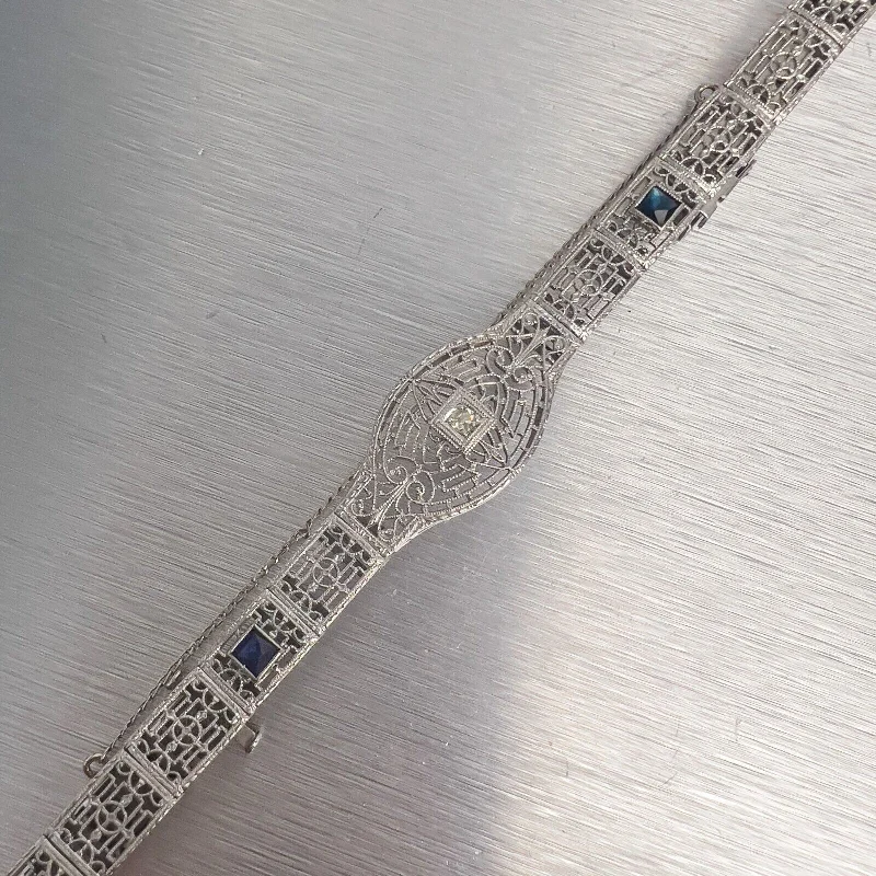 Unmissable Jewelry Clearance – Final Reductions Antique Art Deco 14k White Gold Diamond Sapphire Filigree Bracelet 0.18ctw