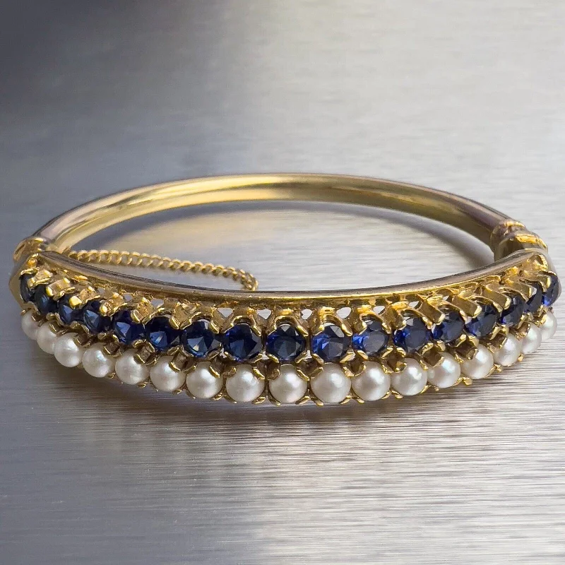 Elegant Jewelry Styles At Budget-Friendly Prices Antique Victorian 14k Yellow Gold Pearl Sapphire Hinged Bangle Bracelet 6.5"