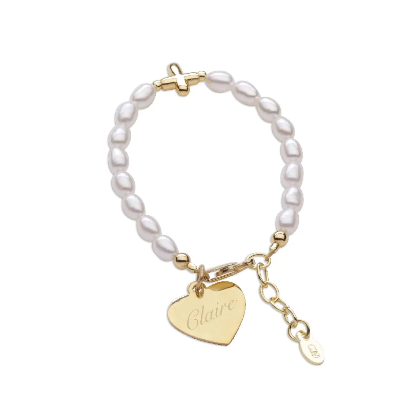 Unique Jewelry For Less – Shop The Sale Now 14K Gold Plated Cultured Pearl Cross Bracelet for Baptism & Communion with FREE Engraving