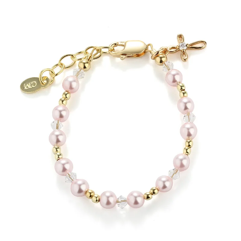 Final Call For Exquisite Jewelry At Reduced Rates 14K Gold-Plated Pink Simulated Pearl with Cross Bracelet for Baby Baptism or Communion Gift