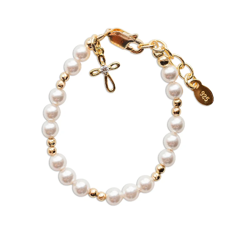 Sparkle On A Budget – Fine Jewelry For Less 14K Gold-Plated Simulated Pearl Bracelet with Cross for Baptism or First Communion