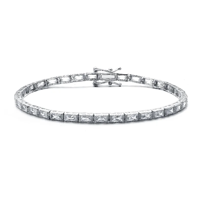 Chic And Stylish Jewelry At Discounted Prices Rhodium-Plated with Cubic Zirconia Vintage Milgrain Tennis Bracelet in Sterling Silver