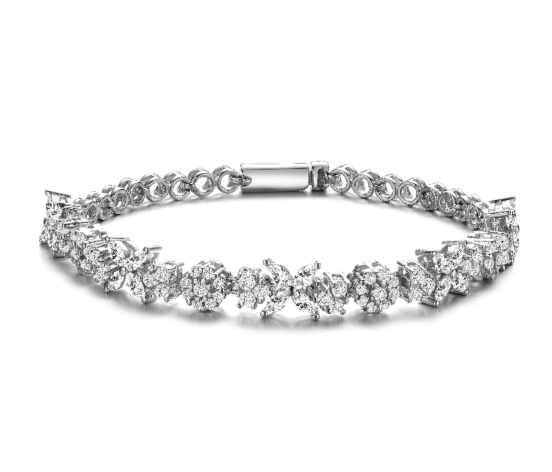 Huge Savings On Premium Jewelry Styles Sterling Silver with Rhodium Plated Clear Round and Marquise Cubic Zirconia Cluster Flower-Inspired Tennis Bracelet