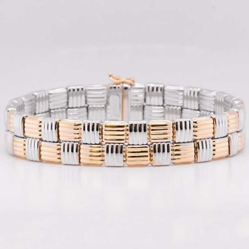 Stunning Jewelry At Even More Stunning Prices Superoro 14k White & Yellow Gold Checkered Link Bracelet 7.5" 12.00mm ITALY