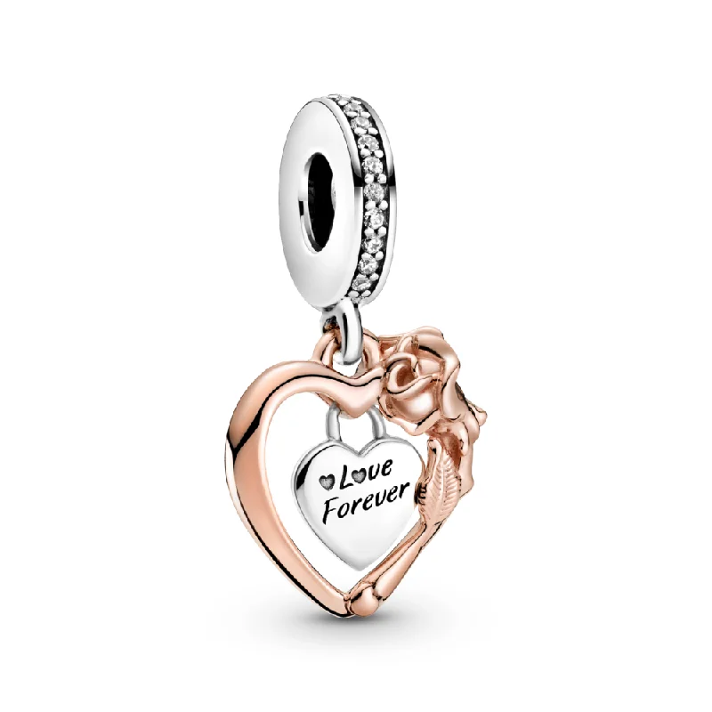 Heart & Rose Flower Dangle Charm