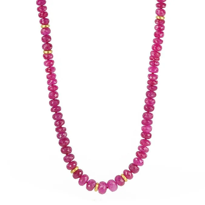 Long Faceted Ruby Beaded Necklace with 22K Gold "Spacer" Rings