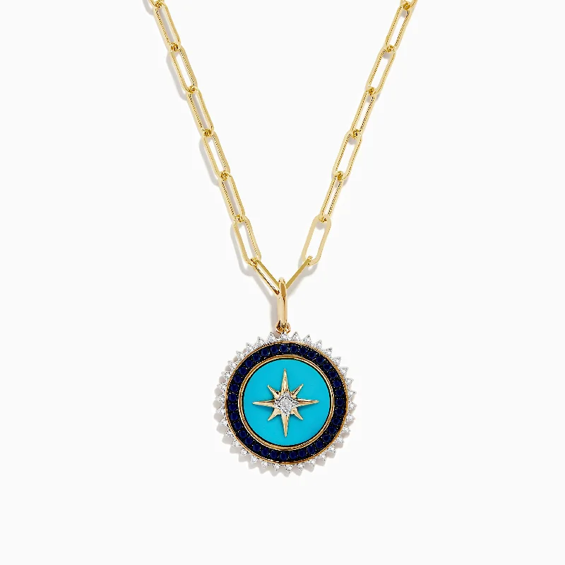 Novelty 14K Gold Sapphire, Turquoise & Diamond Compass Paperclip chain necklace