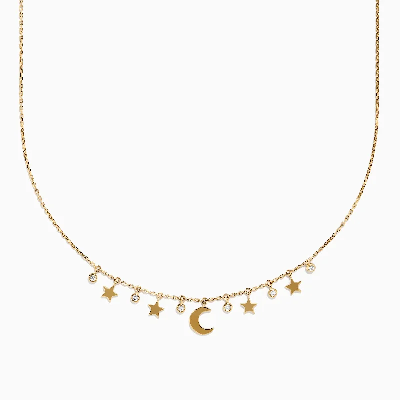 Novelty 14K Yellow Gold Diamond Moon and Stars Necklace