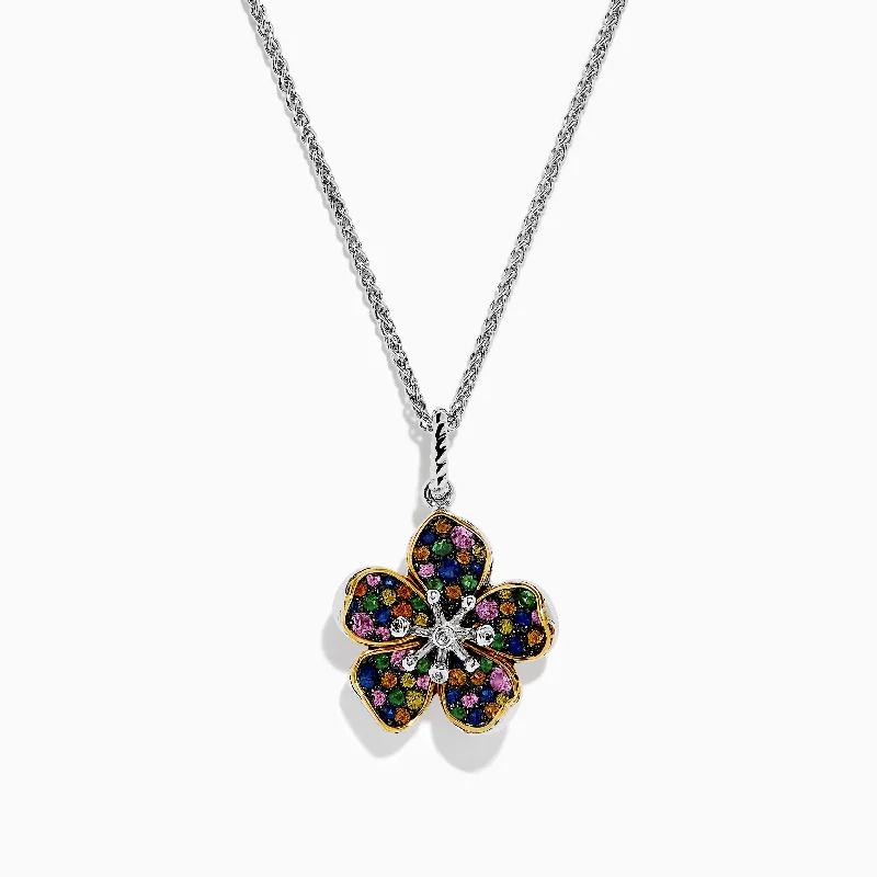 Splash Sterling Silver Diamond, Sapphires & Tsavorite Flower Necklace