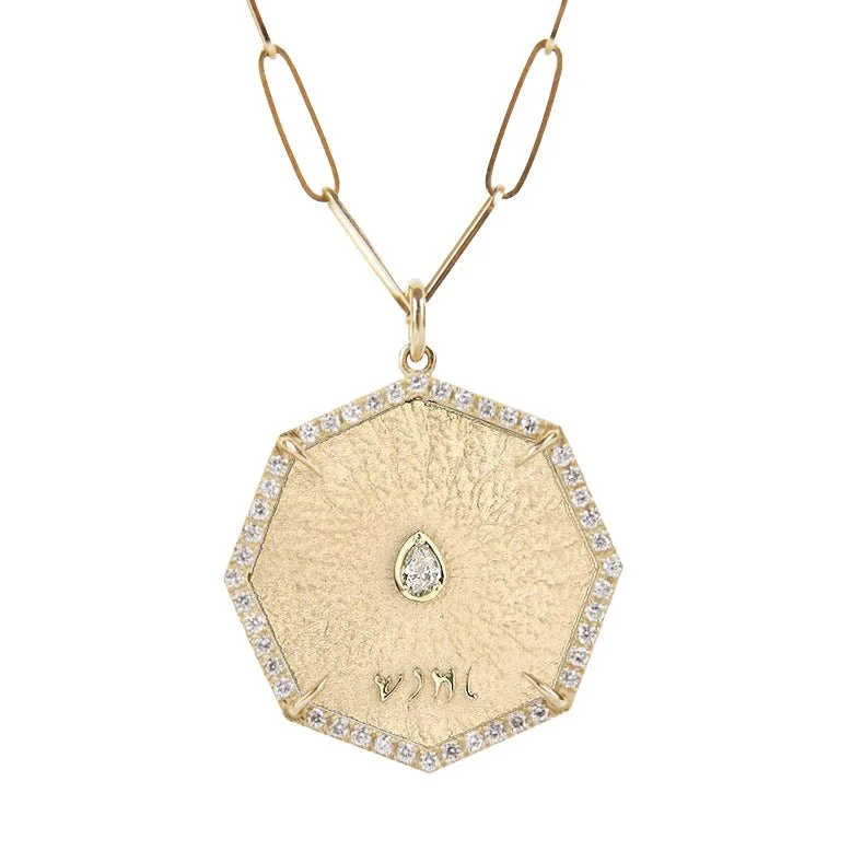 Octagon "Seek" Pendant with Center Pear and Pave Diamond Border