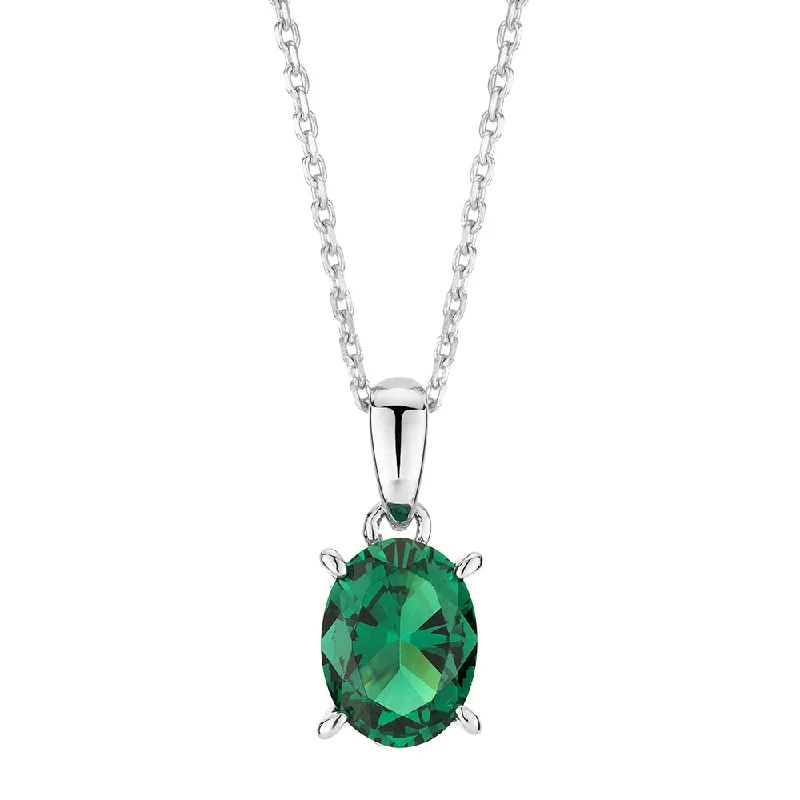 Oval and Round Brilliant solitaire necklace with emerald and diamond simulants in sterling silver