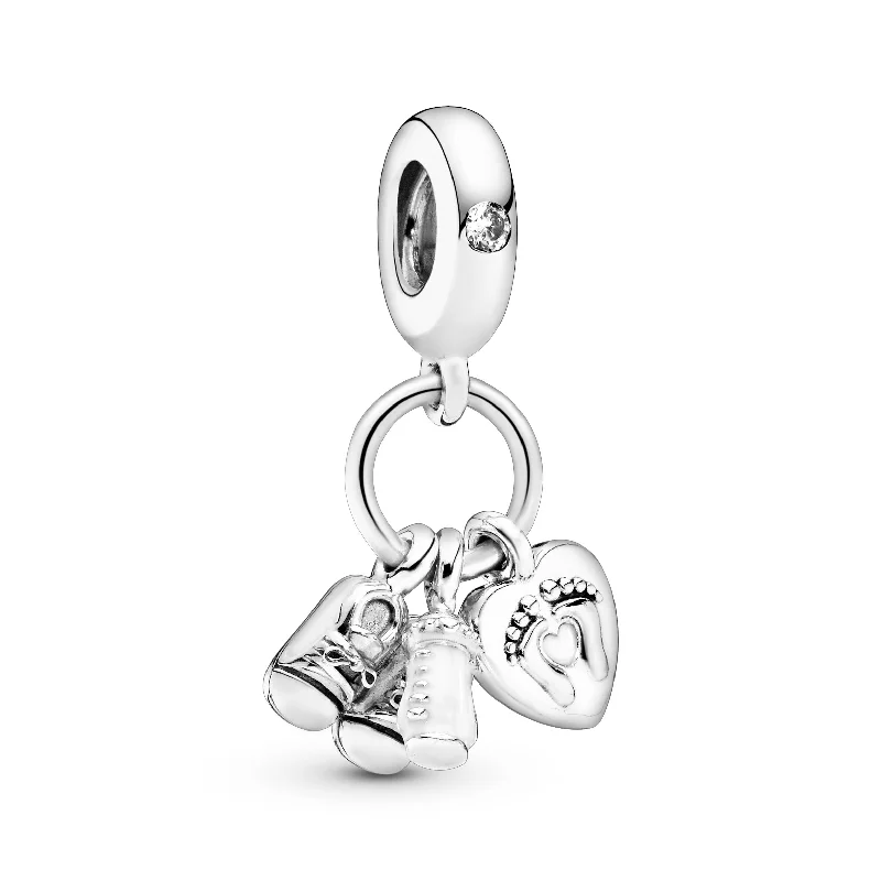 Shoes, baby bottle and heart silver dangle with clear cubic zirconia and white enamel