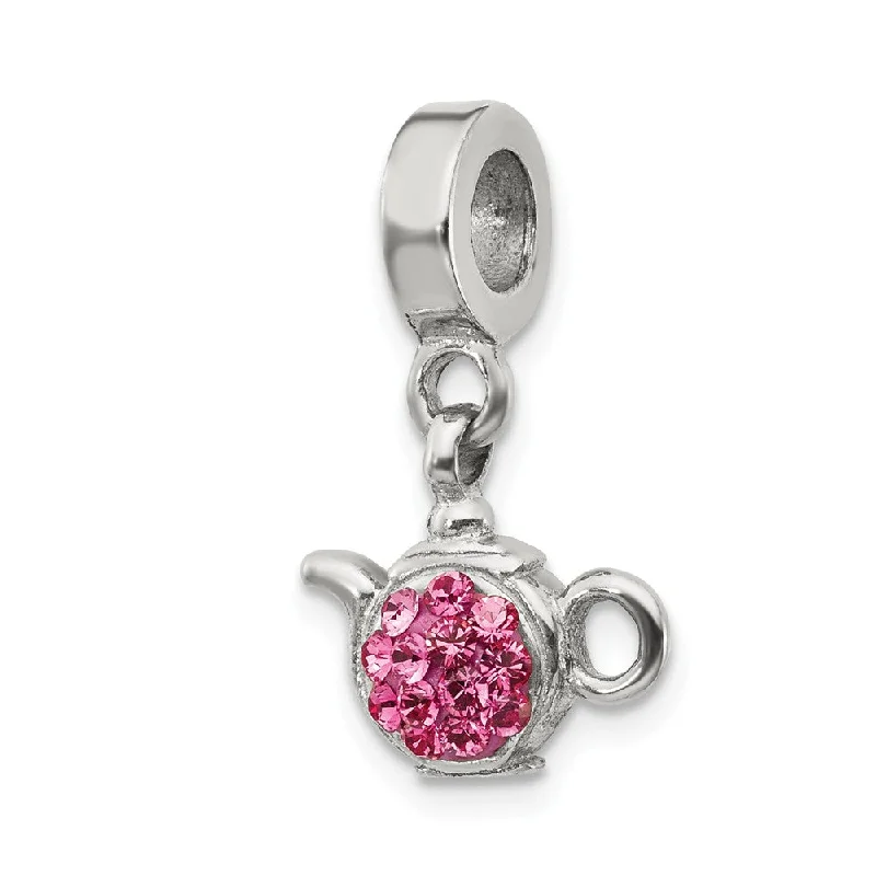 Sterling Silver Pink Crystal Teapot Dangle Bead Charm