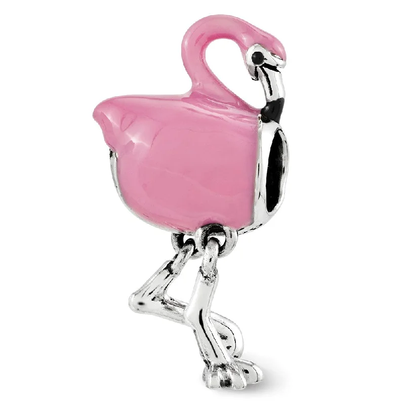 Sterling Silver Pink Enamel Flamingo Dangle Bead Charm