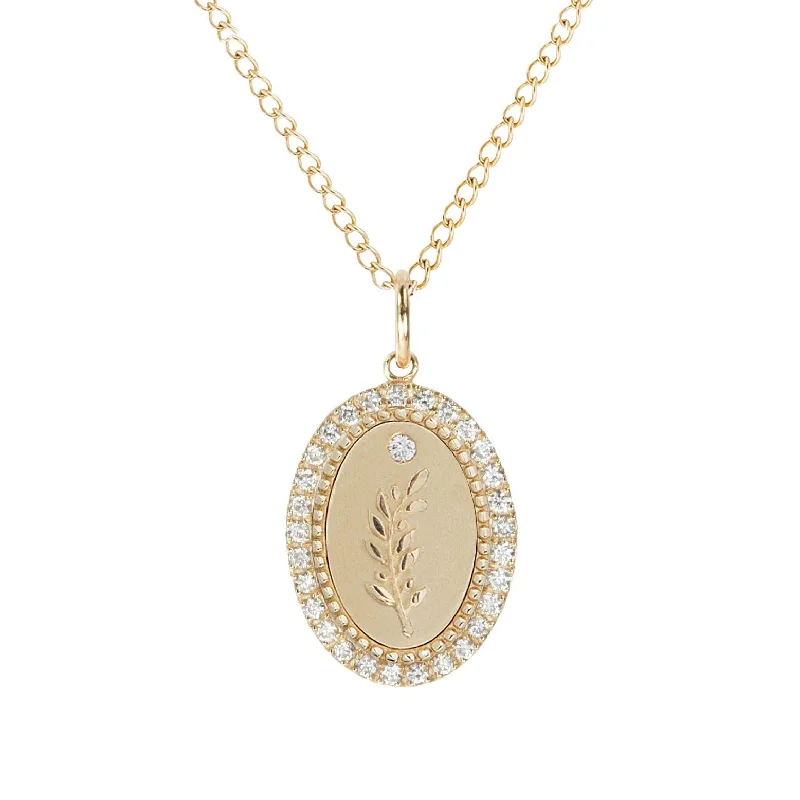 10K Gold Small Pave Diamond "Olive Branch" Pendant