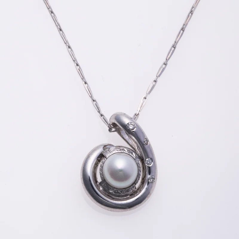 14k White Gold Pearl and Diamond Necklace | 0.08ctw | 20"