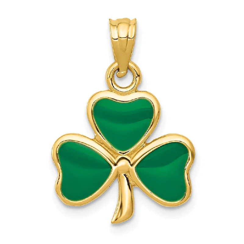 14k Yellow Gold & Green Enameled Three Leaf Clover Pendant, 15mm