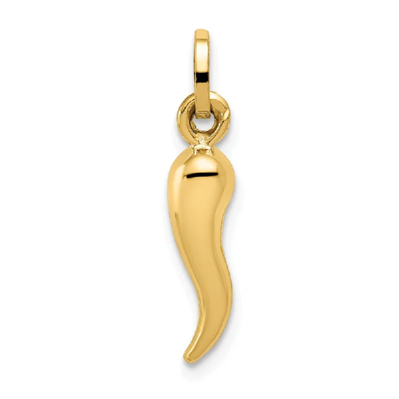 14k Yellow Gold Small 3D Hollow Italian Horn Pendant, 3 x 19mm