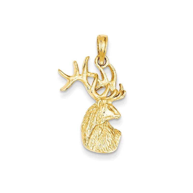 14k Yellow Gold Textured Deer Buck Head Pendant