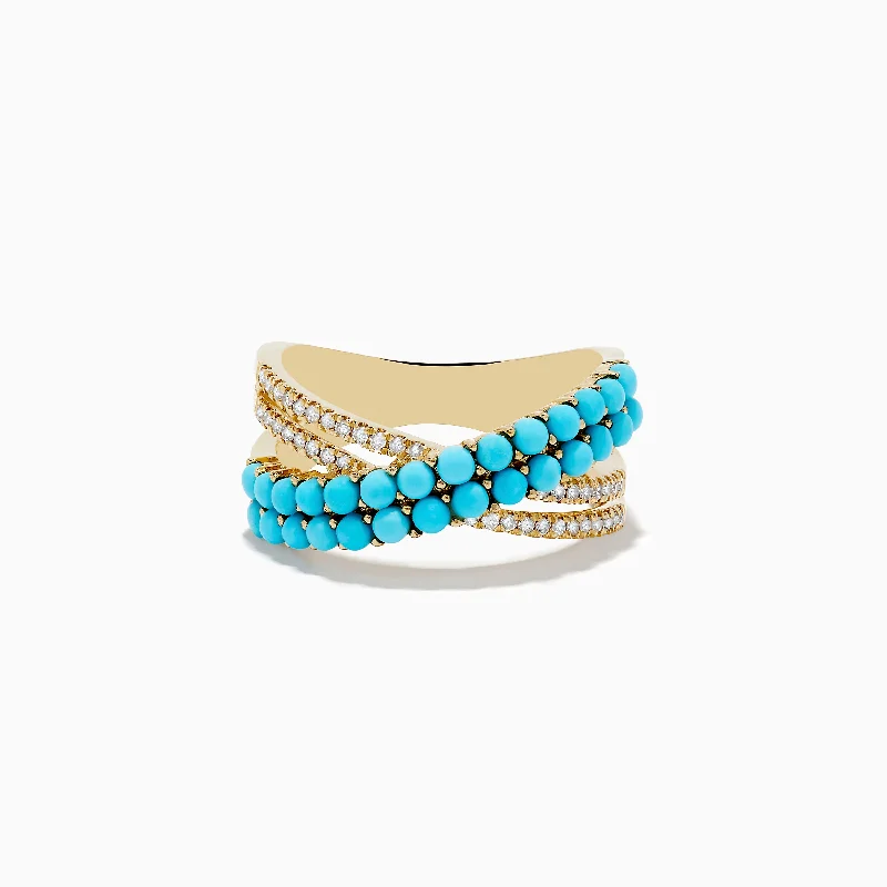 Elegant Necklaces And Bracelets At Limited-Time Offers 14K Yellow Gold Turquoise and Diamond Criss Cross Ring