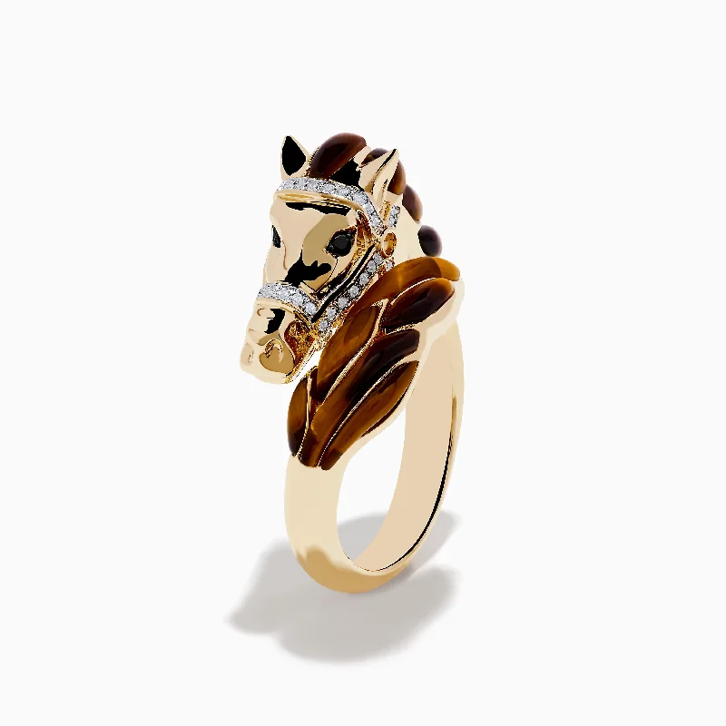 Final Call – Shop Exquisite Jewelry Before It's Gone 14K Yellow Gold White and Black Diamond Tiger Eye Horse Ring