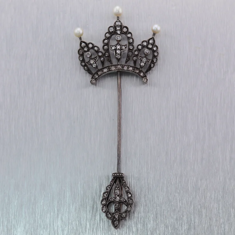 Jewelry Sale Bonanza – Grab Your Sparkle Now 1850s Antique Victorian Sterling Silver 9k Gold 1.50ctw Diamond Pearl Stick Pin